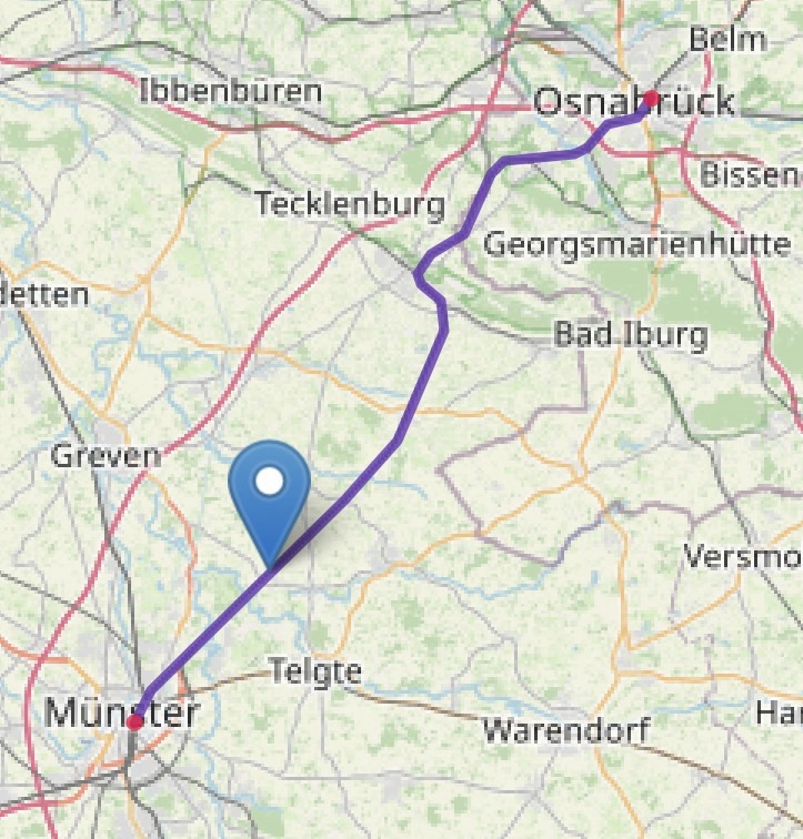 Karte mit der Bahnstrecke Münster - Osnabrück und einem Positionsmarker wo ich mich gerade befinde