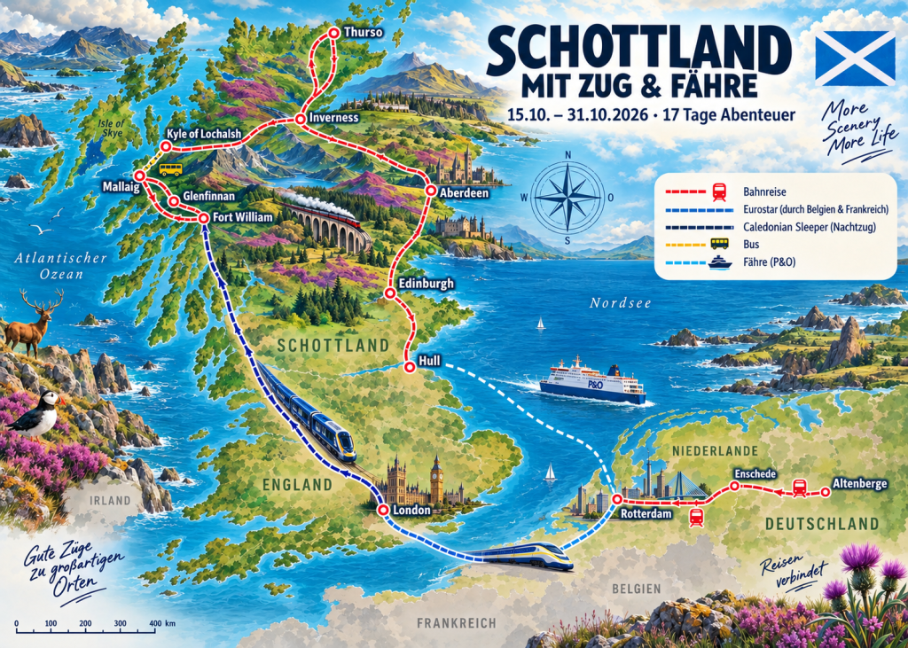 Illustrierte Reisekarte nach Schottland Illustrierte Reisekarte „Schottland mit Zug & Fähre“ für eine 17-tägige Rundreise vom 15. bis 31. Oktober 2026. Die Route führt von Altenberge über Enschede, Rotterdam und London nach Schottland mit Stationen in Fort William, Glenfinnan, Mallaig, Kyle of Lochalsh, Inverness, Thurso, Aberdeen und Edinburgh. Von Hull geht es mit der Fähre über die Nordsee zurück nach Rotterdam. Die farbenfrohe Karte zeigt Bahn-, Bus- und Fährstrecken sowie stilisierte Landschaften der schottischen Highlands.